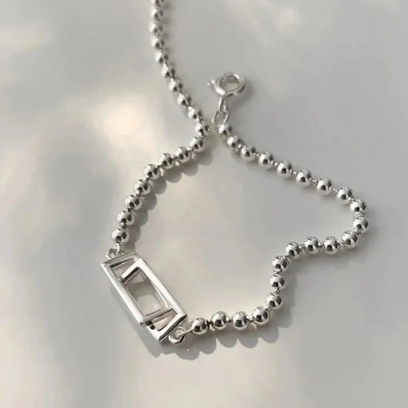 925 Sterling Silver Rectangle Link Bracelet Bead Silver Dainty Bracelet - Picture 3 of 4
